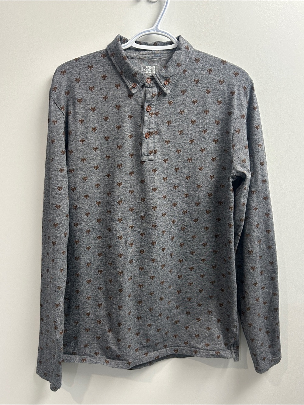 Men's Simons Long Sleeve Grey Polo Shirt with Brown Fox Heads
